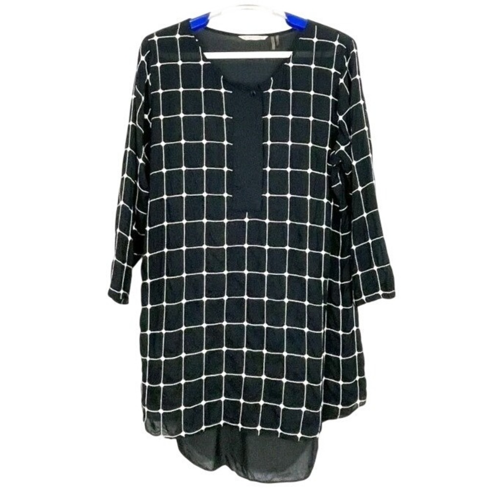 Soft Surroundings L Tunic Blouse Black White Embroidered Window Pane